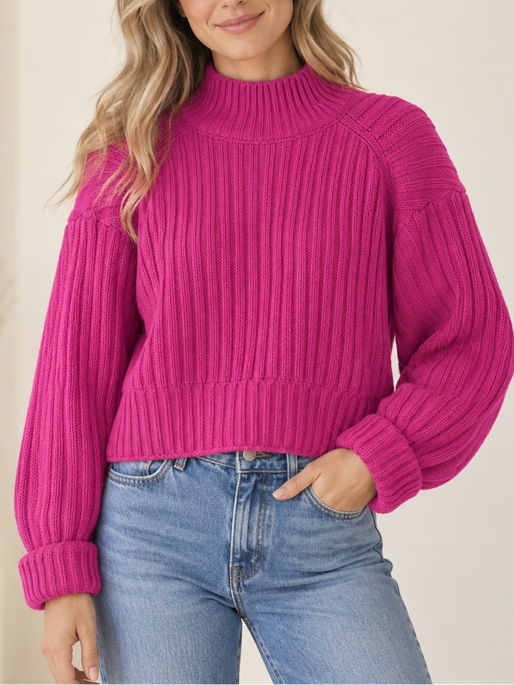 GB Bright Pink Ribbed Mock Neck Sweater Size XS
